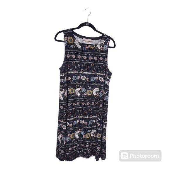 LOFT Women's Sleeveless Dark Blue Floral Dress Midi Length Size L - Picture 1 of 7